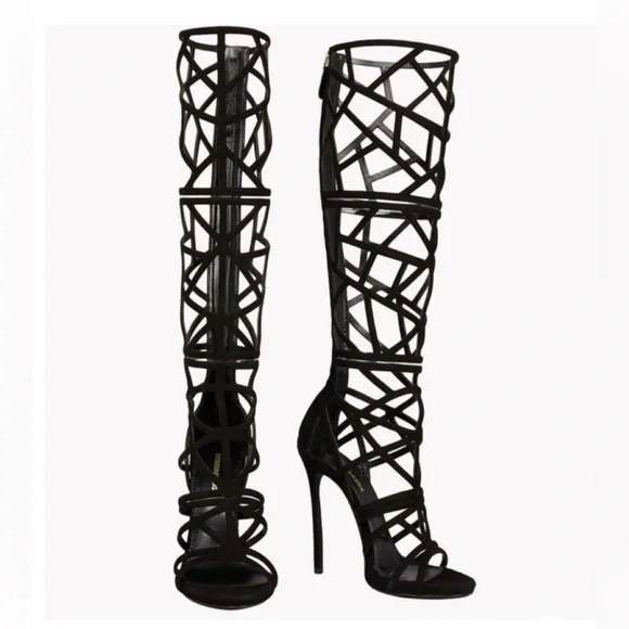 DSQUARED Black Strappy Geometric Knee-High Heeled Boots - Picture 2 of 10